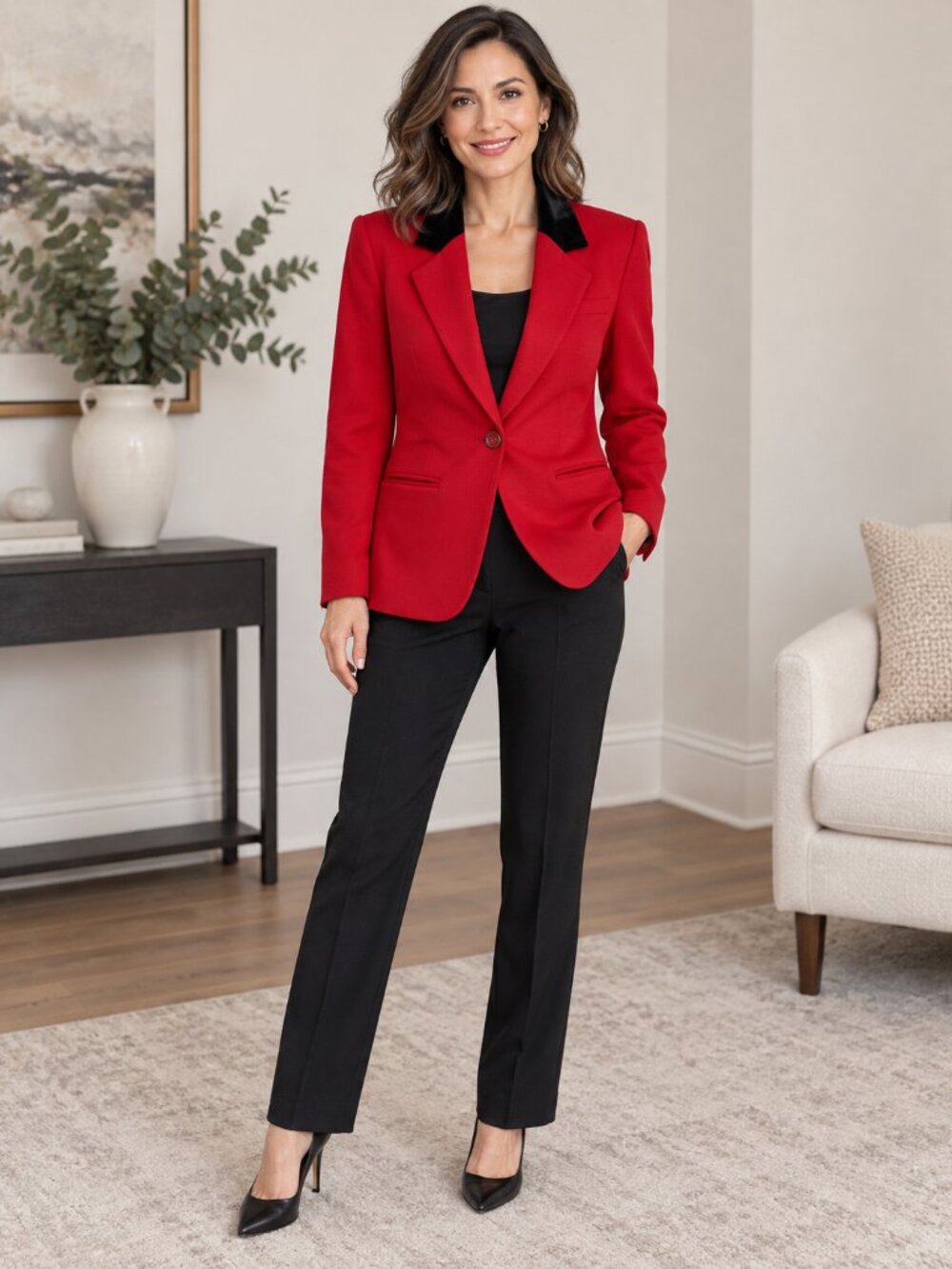 Sag Harbor Petite Red Wool Blazer Black Velvet Collar Size 6P